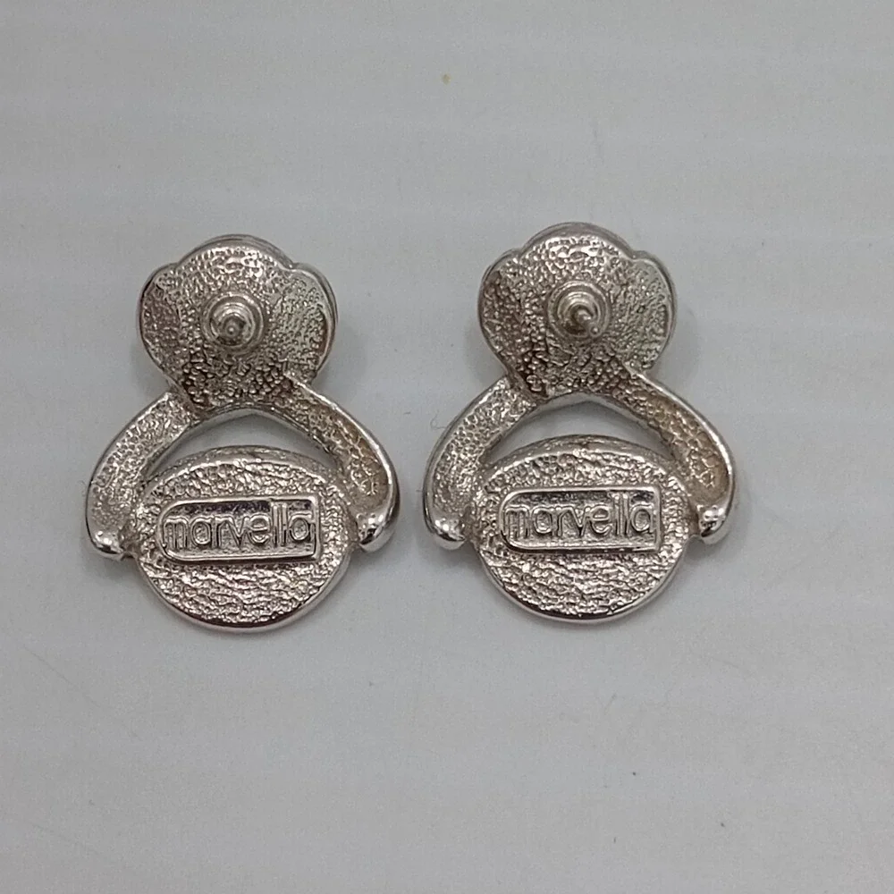 Vintage Marvella Faux Pearl Rhinestone Silver Tone Swirl‎ Earrings